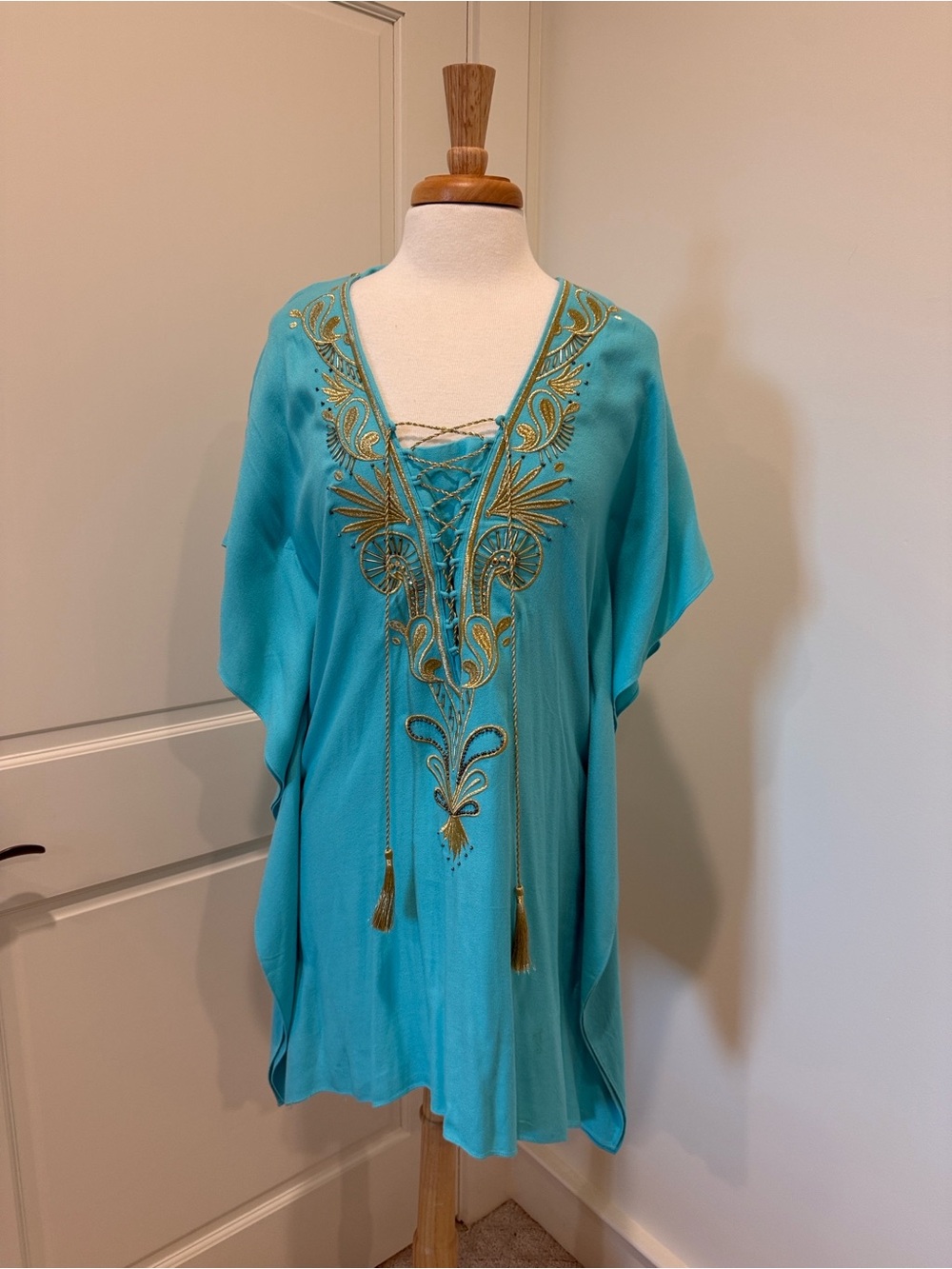 Lilly Pulitzer Turquoise Embroidered Lace-Up Caftan with Gold Accents